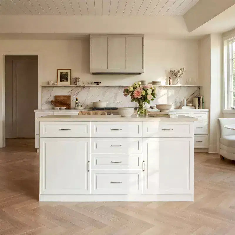 Isola da Cucina Bianca con Top Effetto Pietra, Vani Multi-cassetto, Prese Elettriche e Facile da Pulire