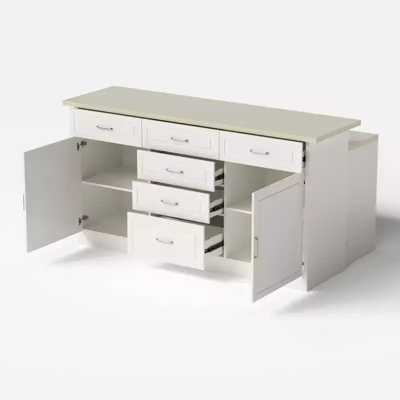 Isola da Cucina Bianca con Top Effetto Pietra, Vani Multi-cassetto, Prese Elettriche e Facile da Pulire