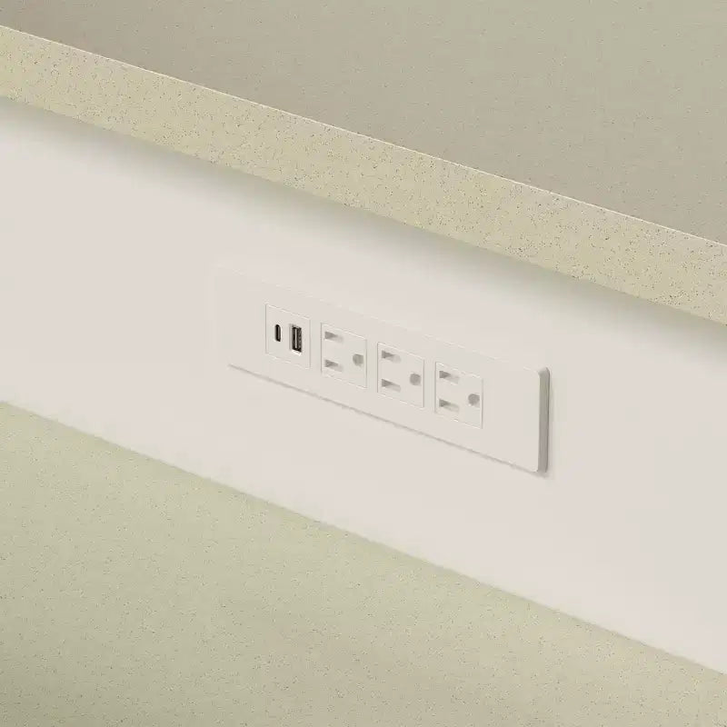 Isola da Cucina Bianca con Top Effetto Pietra, Vani Multi-cassetto, Prese Elettriche e Facile da Pulire