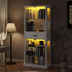 Vetrina Alta Bianca con Illuminazione a LED, Teche in Vetro con Cassetto per Oggetti da Collezione, Libri e Decorazioni Domestiche
