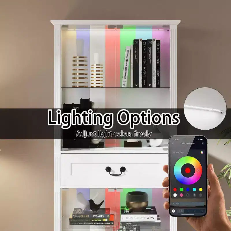 Vetrina Alta Bianca con Illuminazione a LED, Teche in Vetro con Cassetto per Oggetti da Collezione, Libri e Decorazioni Domestiche