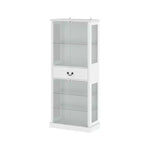 Vetrina Alta Bianca con Illuminazione a LED, Teche in Vetro con Cassetto per Oggetti da Collezione, Libri e Decorazioni Domestiche