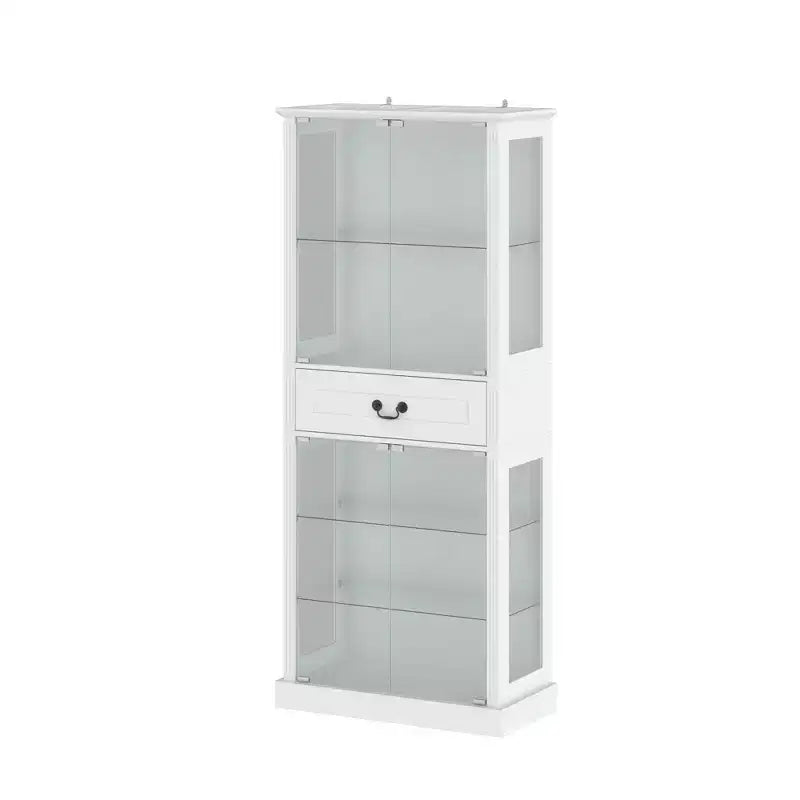 Vetrina Alta Bianca con Illuminazione a LED, Teche in Vetro con Cassetto per Oggetti da Collezione, Libri e Decorazioni Domestiche