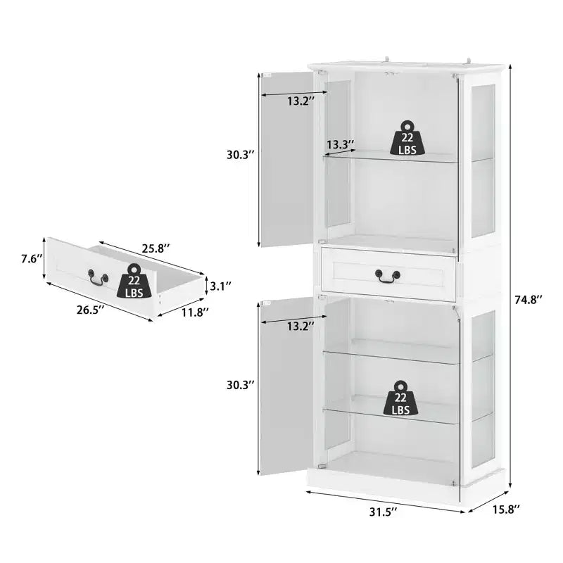 Vetrina Alta Bianca con Illuminazione a LED, Teche in Vetro con Cassetto per Oggetti da Collezione, Libri e Decorazioni Domestiche