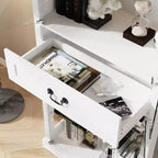 Vetrina Alta Bianca con Illuminazione a LED, Teche in Vetro con Cassetto per Oggetti da Collezione, Libri e Decorazioni Domestiche
