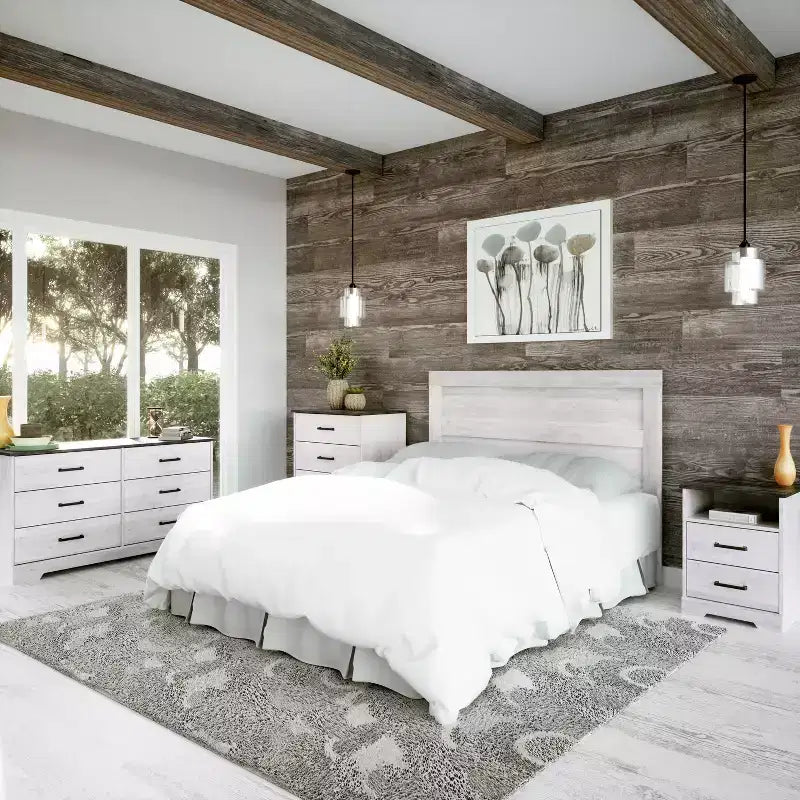Comodino rustico Ridge Farmhouse con 2 cassetti e vano a giorno bianco anticato