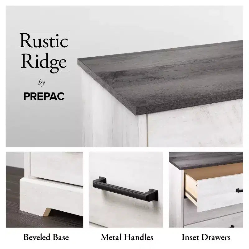 Comodino rustico Ridge Farmhouse con 2 cassetti e vano a giorno bianco anticato
