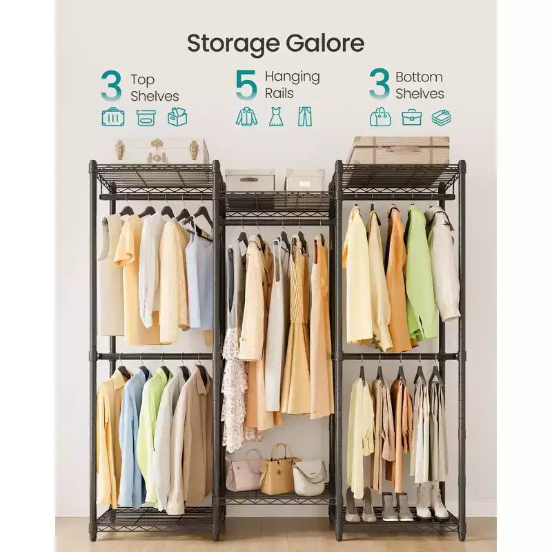 Stand appendiabiti, Appendiabiti resistente, Appendiabiti portatile, Appendiabiti largo 144,5 cm con ripiani a rete regolabili, Nero inchiostro