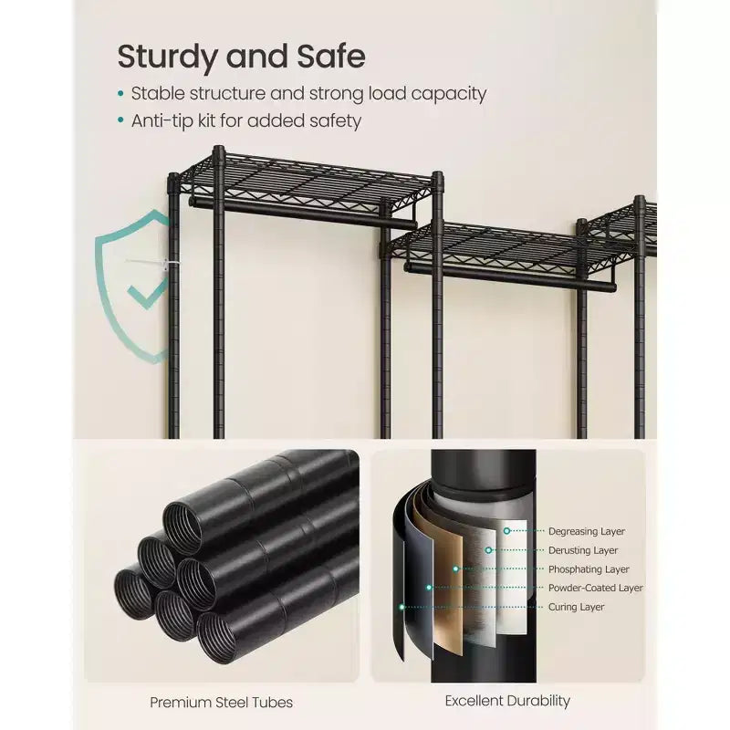 Stand appendiabiti, Appendiabiti resistente, Appendiabiti portatile, Appendiabiti largo 144,5 cm con ripiani a rete regolabili, Nero inchiostro