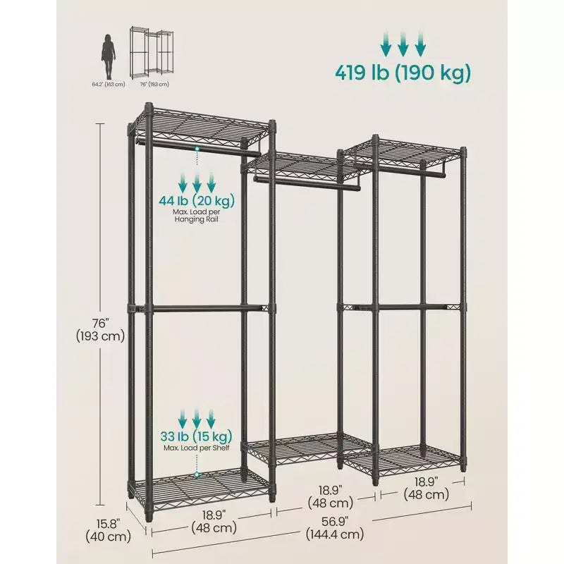 Stand appendiabiti, Appendiabiti resistente, Appendiabiti portatile, Appendiabiti largo 144,5 cm con ripiani a rete regolabili, Nero inchiostro