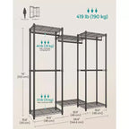 Stand appendiabiti, Appendiabiti resistente, Appendiabiti portatile, Appendiabiti largo 144,5 cm con ripiani a rete regolabili, Nero inchiostro